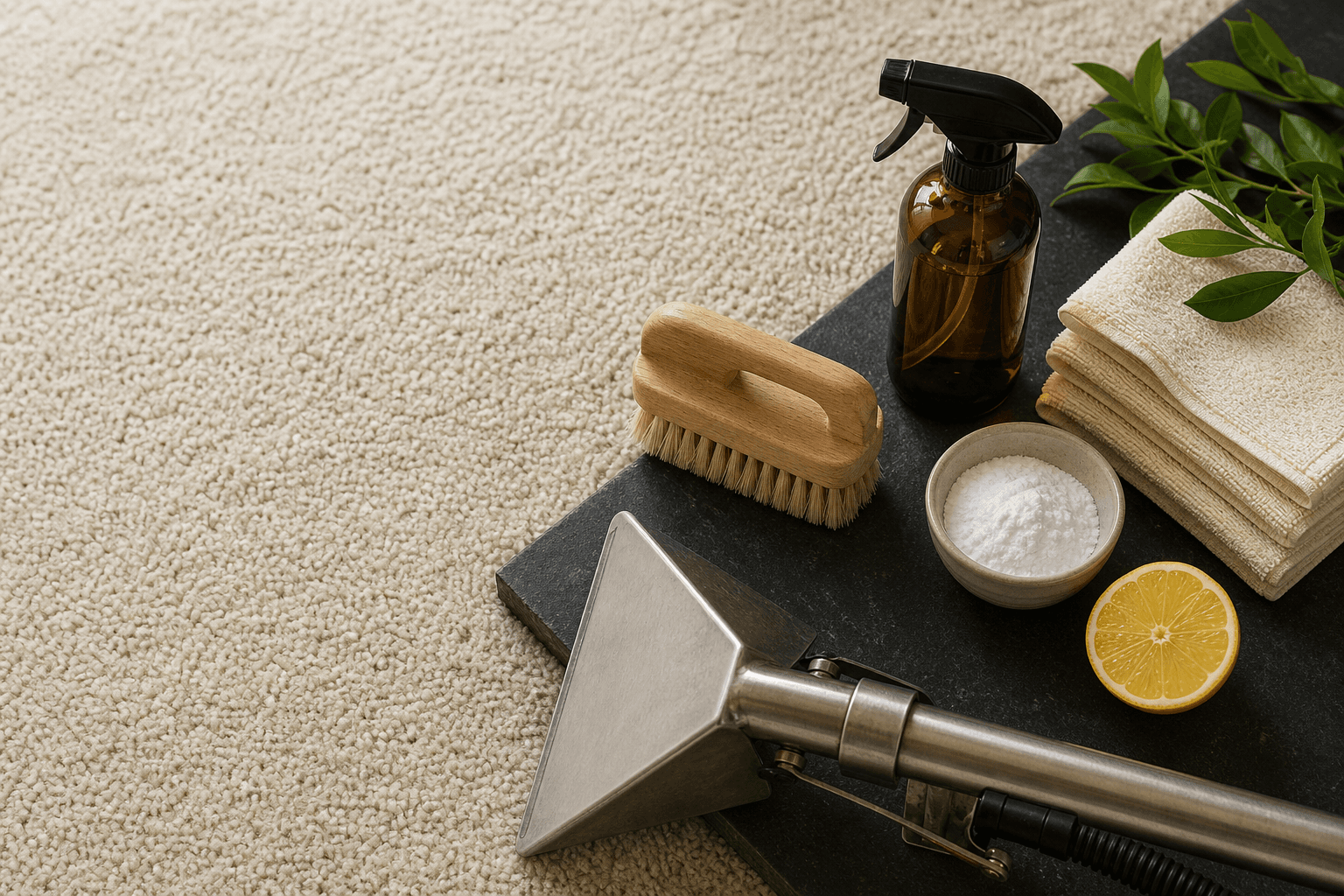 Eco-friendly carpet cleaning supplies and extraction tool arranged on a cream carpet